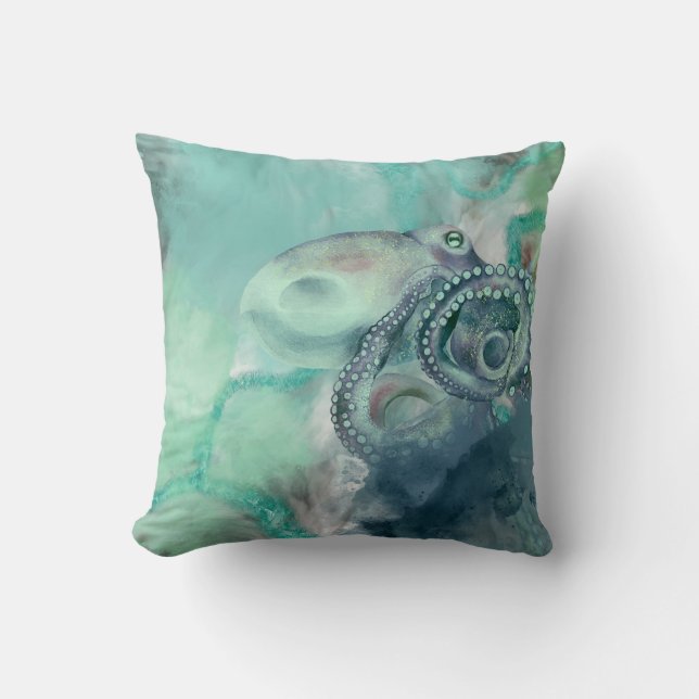 Cojín Decorativo Acuarela Náutica Aqua Ocean Octopus (Anverso)