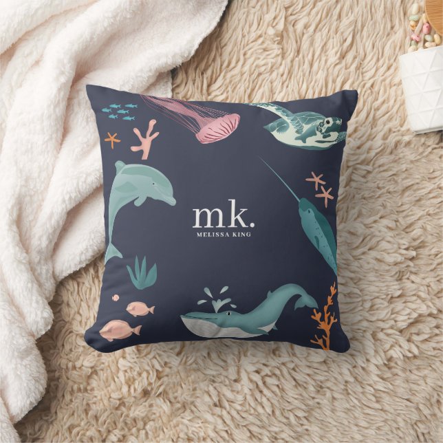 Cojín Decorativo Acuarela Océano Animales Monograma Azul (Manta)