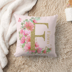 Cojín Decorativo Acuarela oro y monograma floral letra F