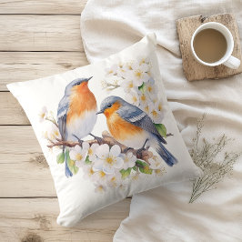 Cojín Decorativo Acuarela Pájaros y Flores de Primavera