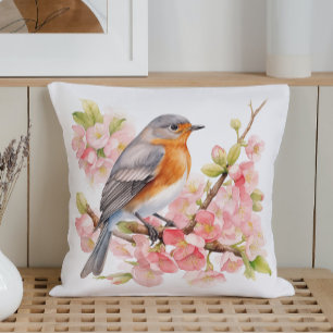 Cojín Decorativo Acuarela Pájaros y Flores de Primavera