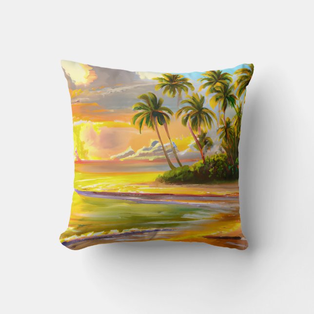 Cojín Decorativo Acuarela Palm Trees Tropicales Beach Sunset (Anverso)