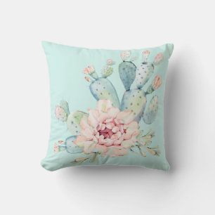 Cojín Decorativo Acuarela Pastel Cactus y Flor Rosa