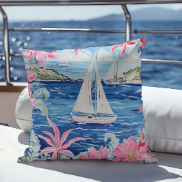 Cojín Decorativo Acuarela Pink Tropical Sailboat Coastal Exterior