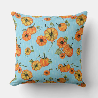 Cojín Decorativo Acuarela Pintoresca Calabazas de Otoño Naranja/Azu
