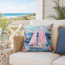 Acuarela Preppy Barco de Vela Rosa Azul Costero