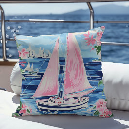Cojín Decorativo Acuarela Preppy Pink Sailboat Coastal Azul