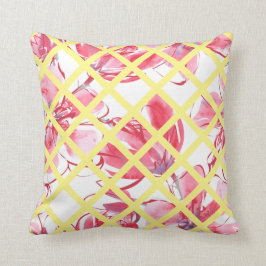 Cojín Decorativo acuarela rosa floral, celosía amarilla suave,