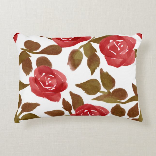 Cojín Decorativo Acuarela Rosa Rojo Bouquet Accent Pillow (Anverso)