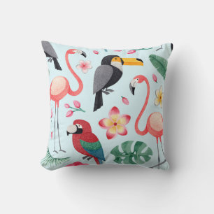 Cojín Decorativo Acuarela Tropical: Fusión De Flor De Ave.