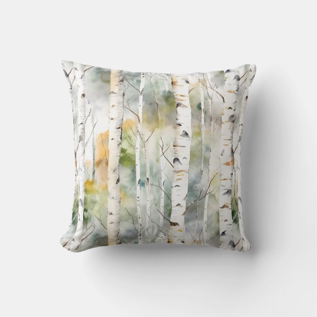 Cojín Decorativo acuarela verde de la corteza de Birch (Anverso)