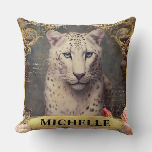 Cojín Decorativo Acuarela vintage leopardo blanco y rosas rosadas