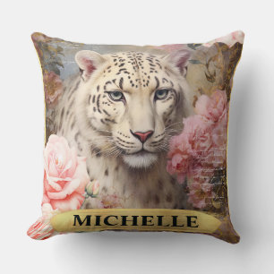 Cojín Decorativo Acuarela vintage leopardo blanco y rosas rosadas