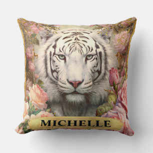 Cojín Decorativo Acuarela vintage tigre blanco y rosas rosadas
