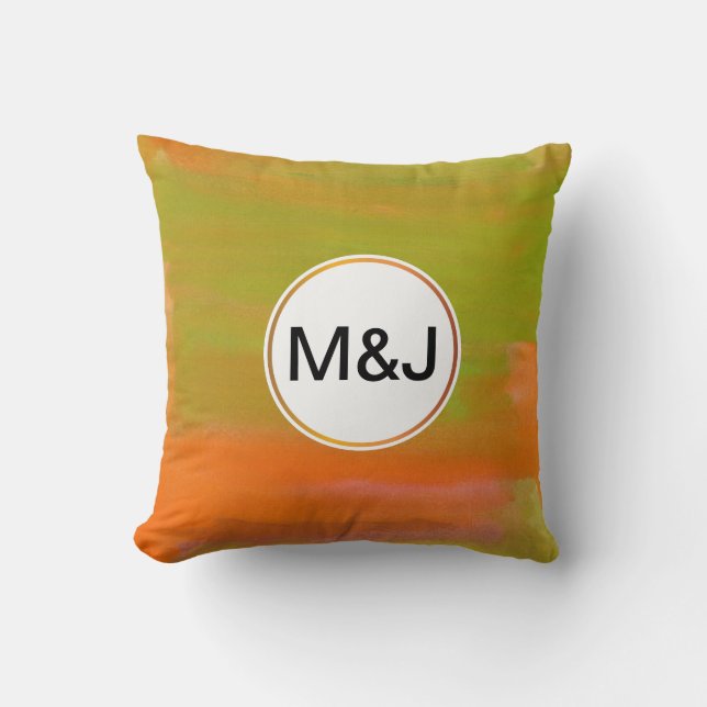 Cojín Decorativo acuarela y monograma abstractos anaranjados y (Anverso)