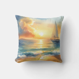 Cojín Decorativo Acuarelas de barco a vela puesta de sol océano