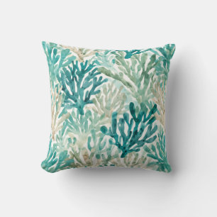 Cojín Decorativo Acuarelas de coral playero verde turquesa beige
