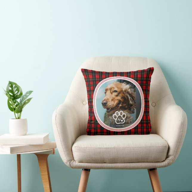 Cojín Decorativo Add Your Own Dog Pets Photo Monogram Name Tartan (Silla)