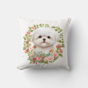 Cojín Decorativo Adorable cachorro maltés en flor, amante de los pe