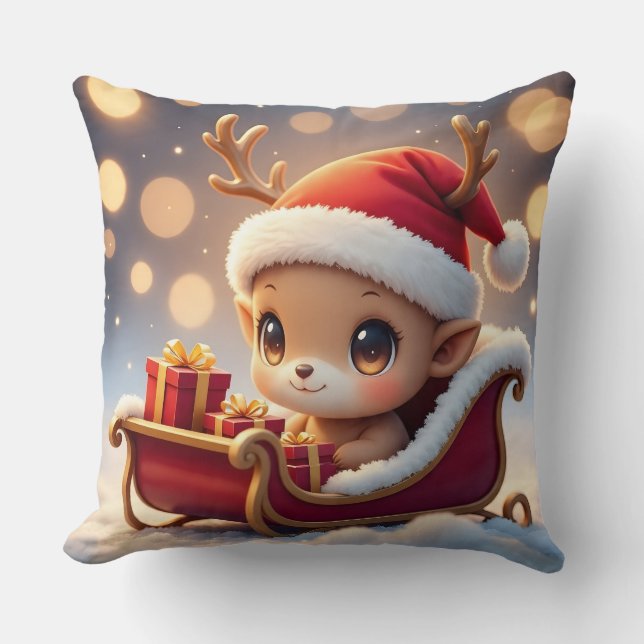 Cojín Decorativo   "Adorable Christmas Reindeer Sleigh Pillow Desig (Anverso)