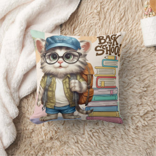 Cojín Decorativo Adorable De Vuelta A La Escuela Con Mochila De Gat