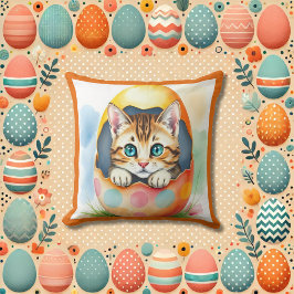 Cojín Decorativo Adorable Gatito de Pascua en un Huevo colorido