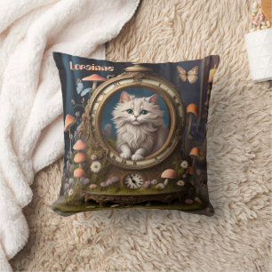 Cojín Decorativo Adorable gato esponjoso en reloj, setas, editable