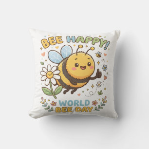 Cojín Decorativo Adorable ilustración "¡Abeja Feliz!" para el Día M