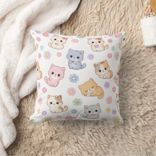 Cojín Decorativo Adorable Kawaii Pastel Gatito y Patrón Floral
