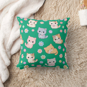 Cojín Decorativo Adorable Kawaii Pastel Gatito y Patrón Floral 