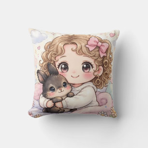 Cojín Decorativo Adorable Niña con su Conejito Kawaii