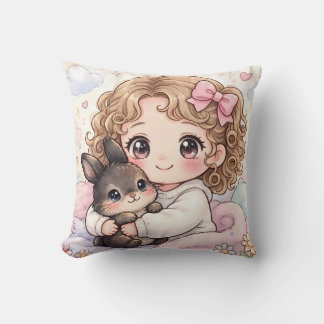 Cojín Decorativo Adorable Niña con su Conejito Kawaii