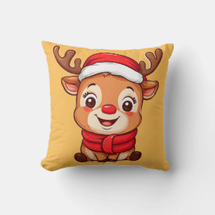 Cojín Decorativo Adorable Reno de Dibujos Animados con Gorro de San
