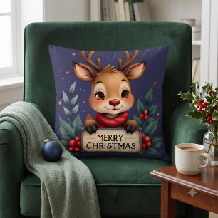 Cojín Decorativo Adorable Reno de Navidad con Acebo y Letrero