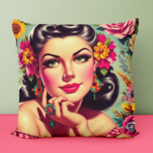 Cojín Decorativo Adorable retrato floral pin-up retro