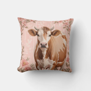 Cojín Decorativo Adorable Vaca Jersey Floral Rosa