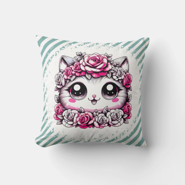 Cojín Decorativo Adorable White Kitten with Rose Crown  (Anverso)