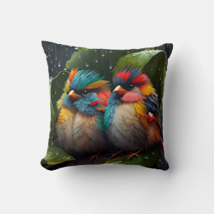 Cojín Decorativo Adorables pájaros coloridos y esponjosos bajo la l
