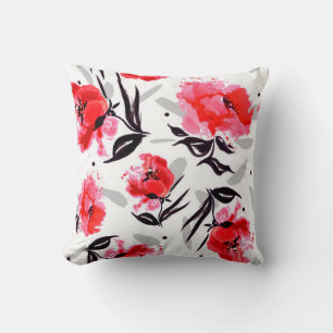 Cojín Decorativo Adormidera roja en un fondo blanco con rayas grise