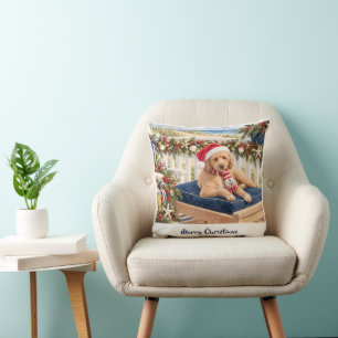 Cojín Decorativo Adorno de Golden Doodle Costero de Navidad Alegre