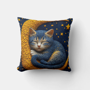 Cojín Decorativo 🌙 Adorno de Luna con Gato Dormido para Amantes de