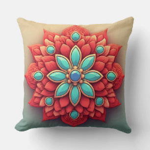 Cojín Decorativo Adorno de Mandala Floral Rojo y Turquesa Decorativ
