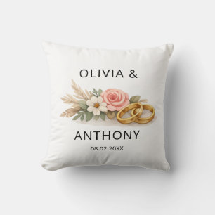 Cojín Decorativo Adorno de nombre de boda de rosa rosa floral boho 