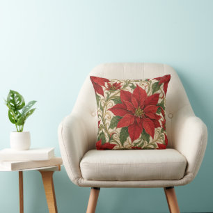 Cojín Decorativo Adorno Navideño de Poinsettia Roja Art Nouveau
