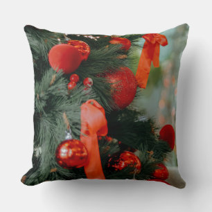 Cojín Decorativo Adornos de árbol de Navidad vintage cinta roja Hol