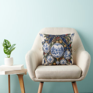 Cojín Decorativo Adornos de Navidad de Porcelana Azul y Blanco Pill