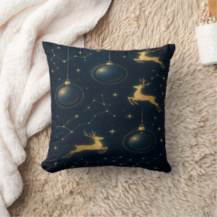 Cojín Decorativo Adornos de Reno Celestiales y Estrella Dorada