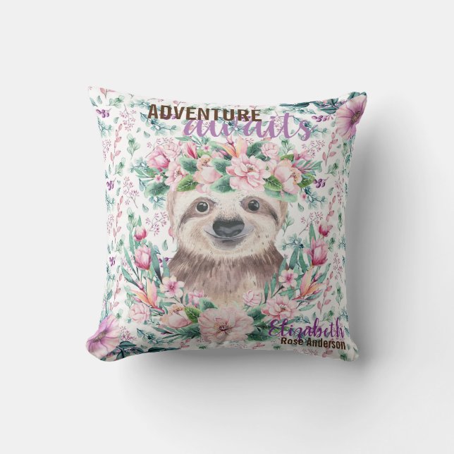 Cojín Decorativo Adventure Awath Baby SLOTH Purple Floral Nombrado (Anverso)