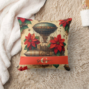 Cojín Decorativo Aeronave personalizada Steampunk con Poinsettia