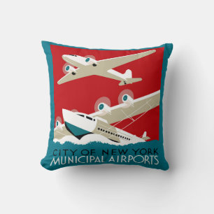 Cojín Decorativo Aeropuertos de Nueva York, cartel de viaje vintage